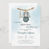 ボホヴィンテージセージ緑のニュートラル少年の赤ちゃん服 招待状 (正面/裏面)