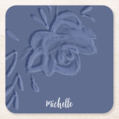 ボホヴィンテージ芸術的ブルー花 スクエアペーパーコースター (正面)