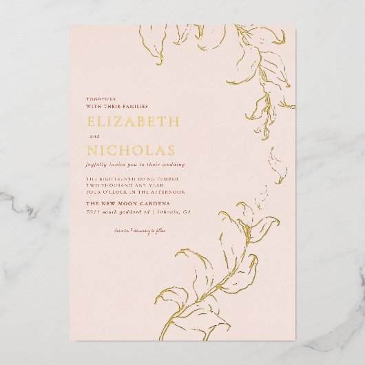 ボホヴィンテージ葉秋素朴テラコッタ結婚ズ 箔招待状 (正面)