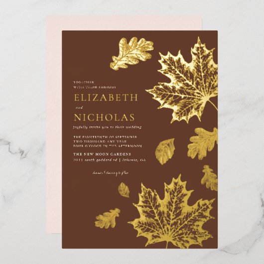 ボホヴィンテージ葉秋素朴テラコッタ結婚ズ 箔招待状 (正面/裏面)