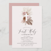 ボホーほこりっぽいピンクフローラ最初の聖餐会の招待 招待状 (正面/裏面)