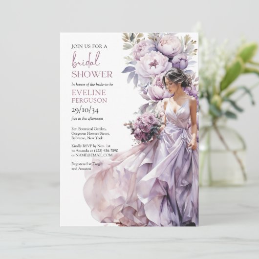 ボホーほこりっぽい紫のフローラ結婚の緑のドレス 招待状 (スタンド正面)