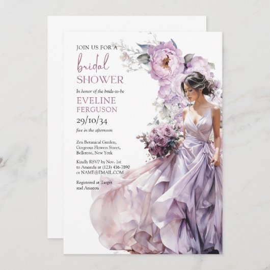 ボホーほこりっぽい紫のフローラ結婚の緑のドレス 招待状 (正面/裏面)