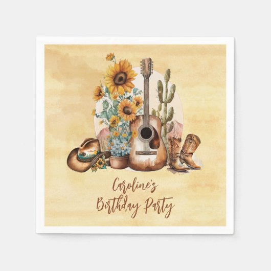 ボホーウェスタンのギターヒマワリ誕生日パーティー スタンダードカクテルナプキン (正面)
