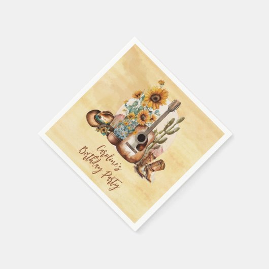 ボホーウェスタンのギターヒマワリ誕生日パーティー スタンダードカクテルナプキン (角)
