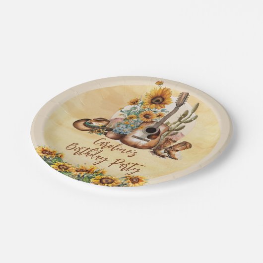ボホーウェスタンのギターヒマワリ誕生日パーティー ペーパープレート (アングル)