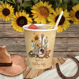 ボホーウェスタンのギターヒマワリ誕生日パーティー 紙コップ