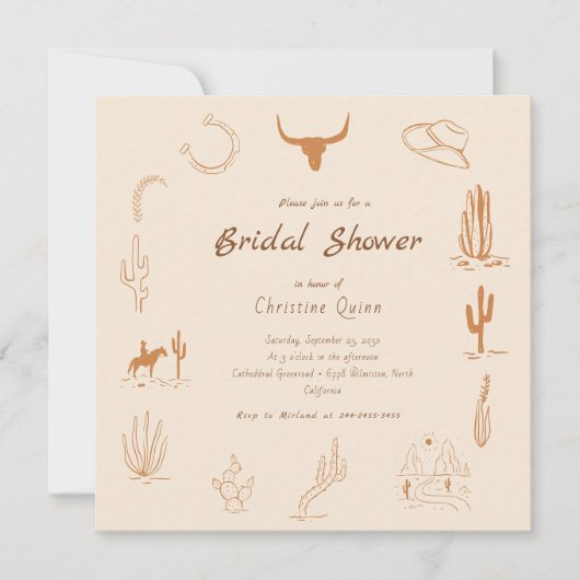 ボホーウェスタンサドルアップカウボーイブライダルシャワーインビタ 招待状 (正面)