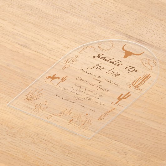 ボホーウェスタンサドルアップカウボーイブライダルシャワー アクリル招待状 (レイダウン)