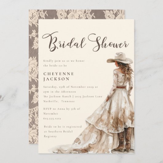 ボホーウェスタン女性のカーボーイブライダルシャワー 招待状 (正面/裏面)