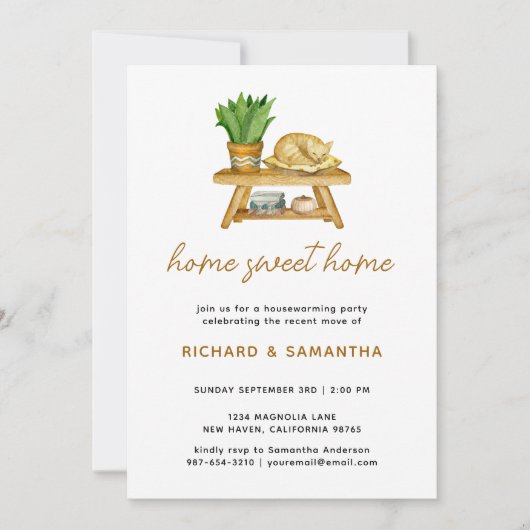 ボホーウォーターカラープラントキャット引っ越し祝いパーティー招待状 招待状 (正面)