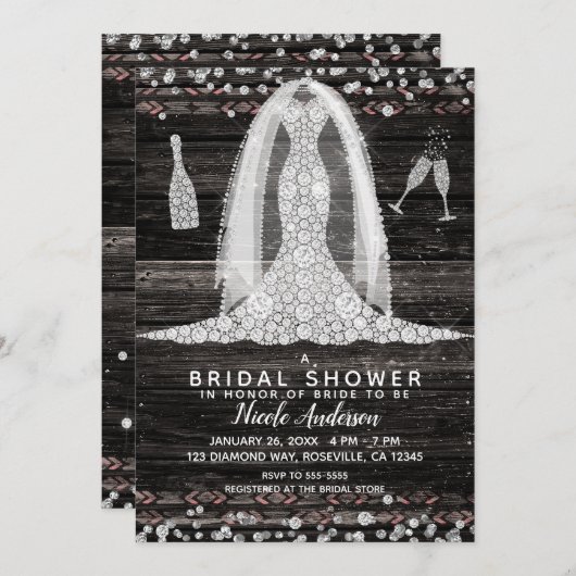 ボホーウッドシックダイアモンド結婚ズドレスブライダルシャワー 招待状 (正面/裏面)