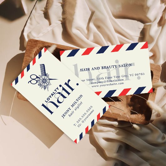 ボホーエレガントレッドブルーシザーズ美容師 名刺