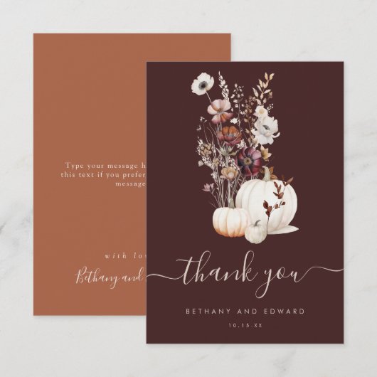 ボホーオータムワイルドフラワーカボチャ結婚の数 サンキューカード (正面/裏面)