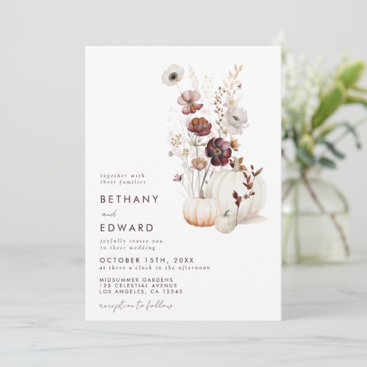 ボホーオータムワイルドフラワーカボチャ結婚の数 招待状 (スタンド正面)