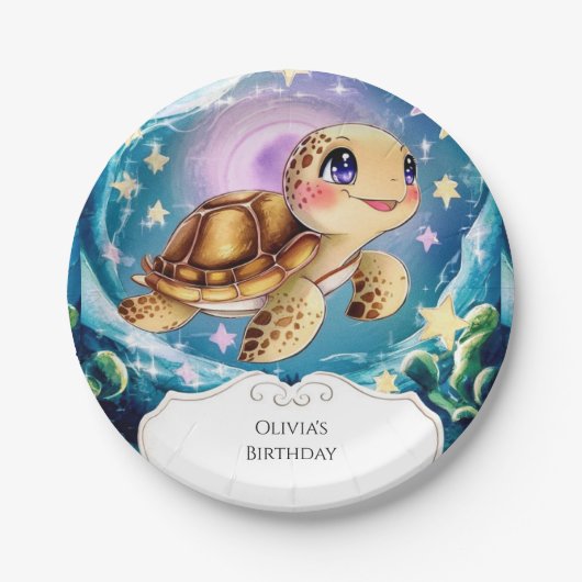 ボホーカラフル水中カメ誕生日 ペーパープレート (正面)