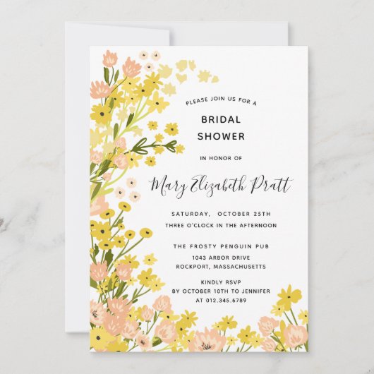 ボホーカントリーイエローピンクワイルドフラワーズブライダルシャワー 招待状 (正面)