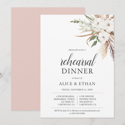 ボホーグリーンリーパンパグラスリハーサルディナー 招待状 (正面/裏面)