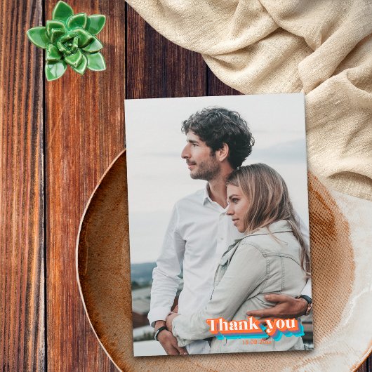 ボホーグルーヴィレトロブルーオレンジタイポグラフィ波線 サンキューカード