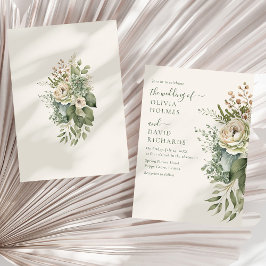 ボホーサージグリーンとアイボリーのワイルドフラワーの結婚式 招待状