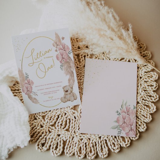 ボホーテディベアピンクと金ゴールド誕生日 招待状