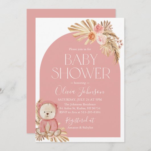 ボホーテディベアーガールピンクベビーシャワー招待状 招待状 (正面/裏面)