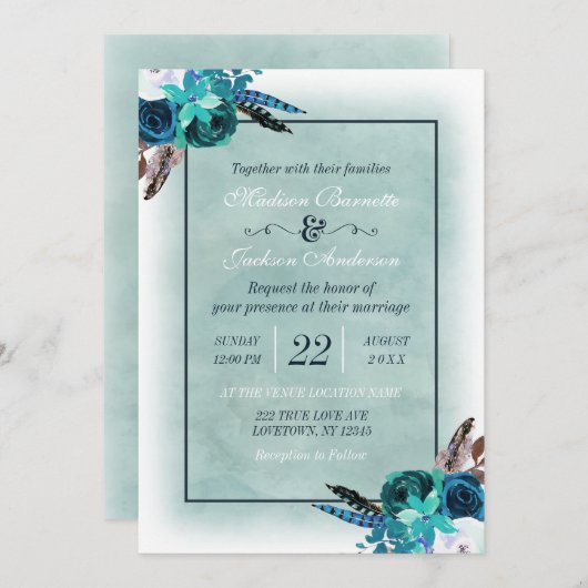 ボホーネイビーブルーアクアウォーター結婚式招待状 招待状 (正面/裏面)