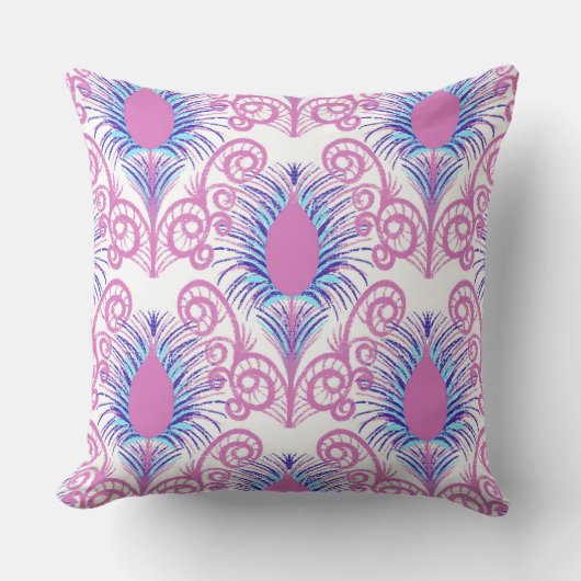 ボホーネオンピンクジュエルトーンピーコックフェザー クッション (正面)