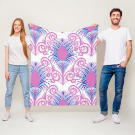 ボホーピーコックフェザージュエルトーンネオンピンク フリースブランケット