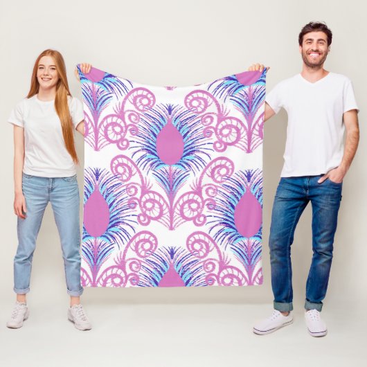 ボホーピーコックフェザージュエルトーンネオンピンク フリースブランケット (インサイチュ)