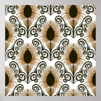 ボホーピーコックフェザージュエルトーンブラウン&金ゴールド ポスター