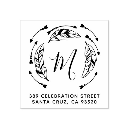 ボホーフェザー&アローズイニシャル&差出人住所 ラバースタンプ (インプリント)