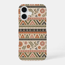 ボホーフォークの花と幾何学模様のシームレスパターン iPhone 16ケース