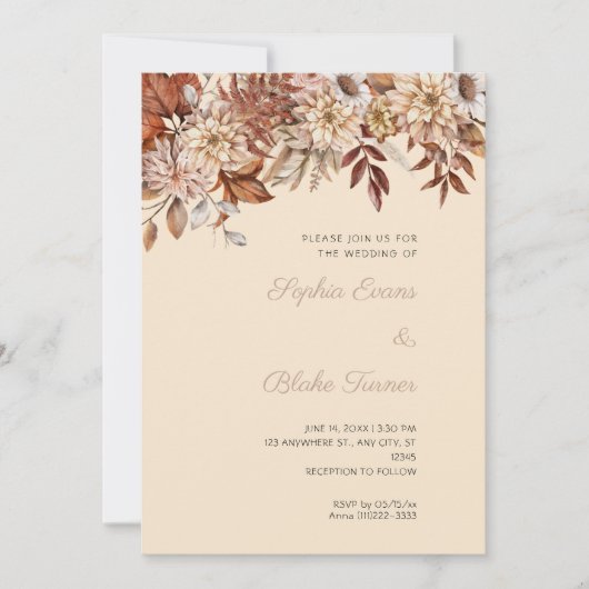 ボホーブラウンフローラウィンターシャンパン結婚ズ 招待状 (正面)