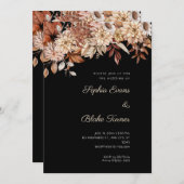 ボホーブラウンフローラウィンターブラック結婚ズ 招待状 (正面/裏面)