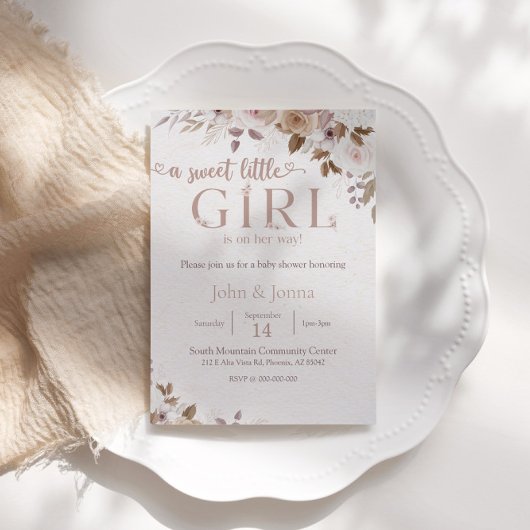 ボホーブラウンフローラガールベビーシャワー 招待状