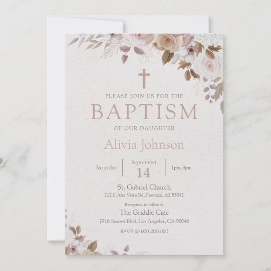 ボホーブラウンフローラバプテスマ《キリスト教》洗礼式や命名式 招待状 (正面)