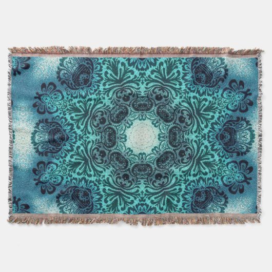 ボホーヘナフローラペイズリーターコイズティール(緑がかった色)曼荼羅 スローブランケット (正面)