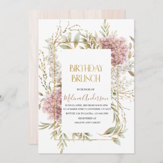 ボホーベージュフラワーズ金ゴールド水彩誕生日bru 招待状 (正面/裏面)