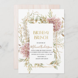 ボホーベージュフラワーズ金ゴールド水彩誕生日bru 招待状