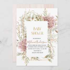 ボホーベージュフラワーズ金ゴールド水色ベビーシャワー 招待状