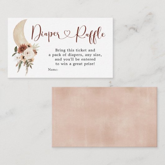 ボホーベージュフローラムーンベビーシャワーオムツラッフル エンクロージャーカード (正面/裏面)