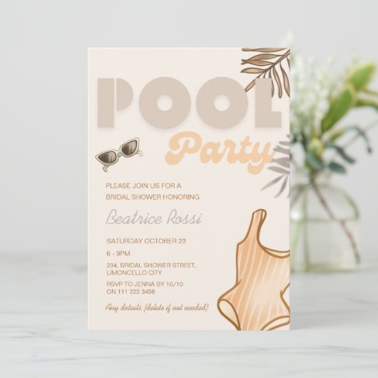 ボホーベージュプールパーティーレトロヴィンテージブライダルシャワー 招待状 (スタンド正面)