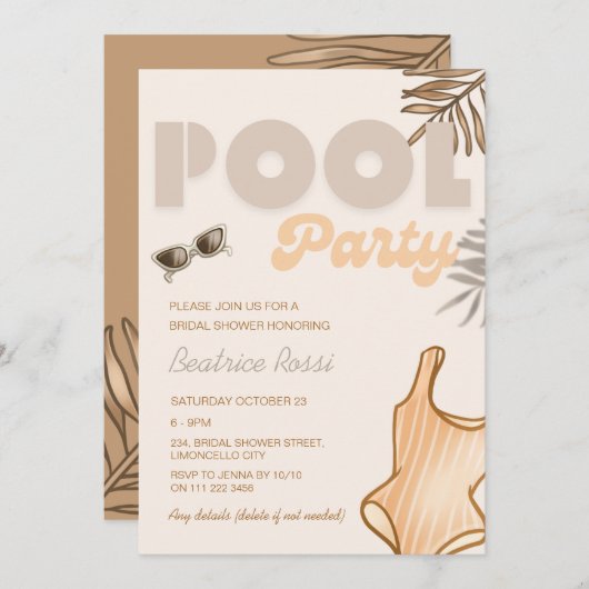 ボホーベージュプールパーティーレトロヴィンテージブライダルシャワー 招待状 (正面/裏面)