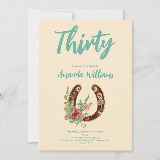 ボホーホースシューワイルドフラワーズティート誕生日 招待状 (正面)