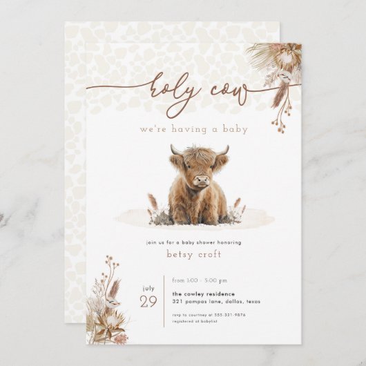 ボホーホーホーホーホーホワイハイランドカウベイビーシャワー招待状 招待状 (正面/裏面)