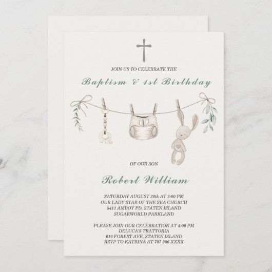 ボホーボーイファースト誕生日とバプテスマ 招待状 (正面/裏面)