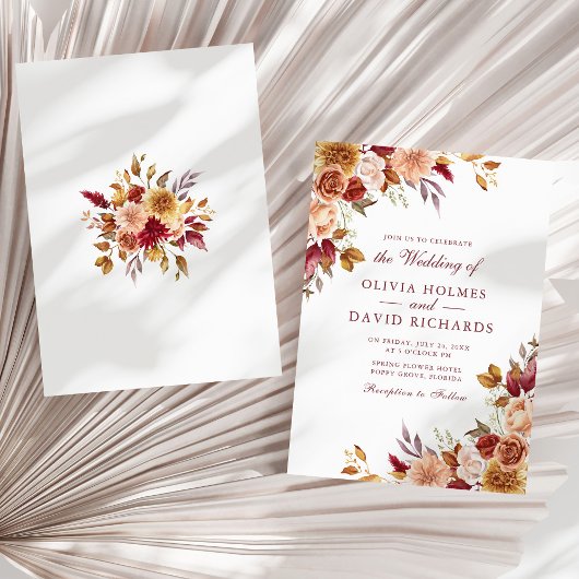 ボホーモダンバーンオレンジテラコッタフローラ結婚ズ 招待状