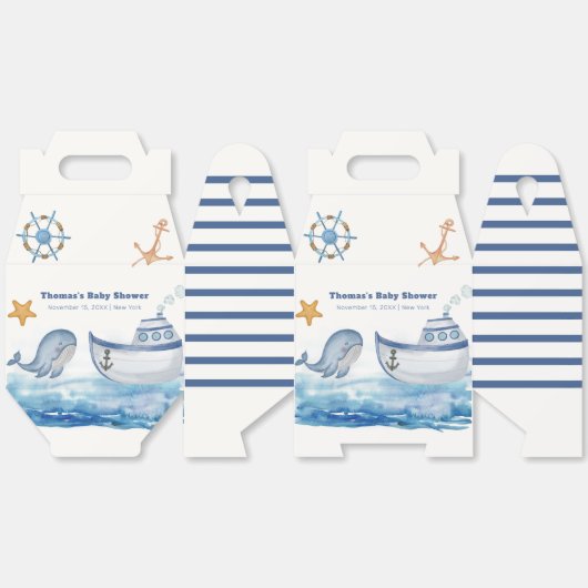ボホーモダンボーイWhale Sailboatベビーシャワー フェイバーボックス (見開き)