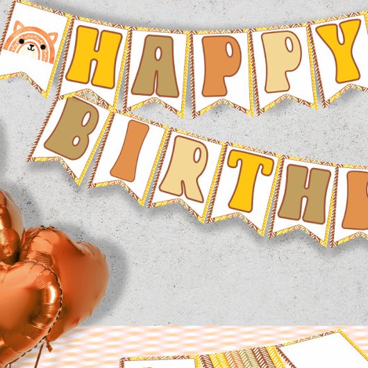 ボホーレインボーウッドランドキツネレトロハッピーバースデー バンティングフラッグ